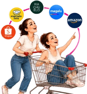 Duas mães brincando com um carrinho de compras, com os logos da Shopee, Mercado Livre, Riachuelo, Magalu e Amazon
